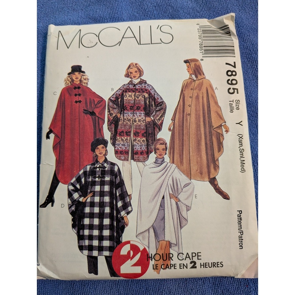 McCall's 7895 Misses Capes Sewing Pattern Uncut Size Y XS-S-M Hooded Wrap Toggle